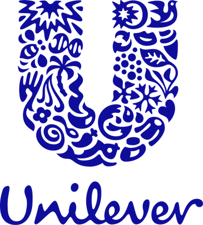 The Unilever logo: a large blue U composed of various small icons, such as leaves, a heart, a bird, and other nature-inspired symbols, with the word Unilever written below in a cursive font.