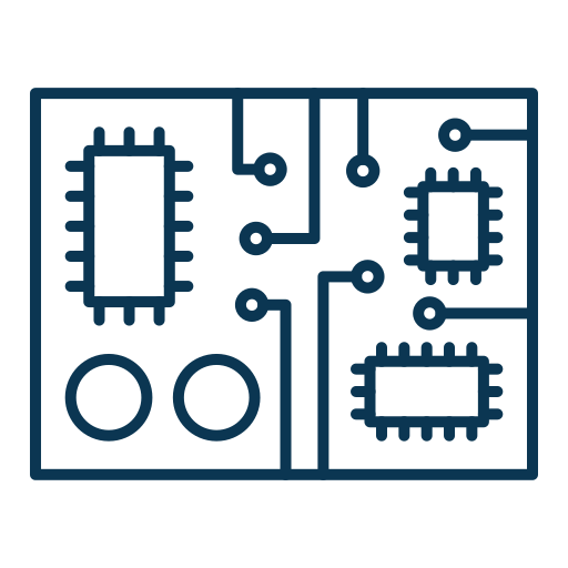 A simple line drawing of a computer circuit board with several microchips, circular components, and connecting pathways on a light background.