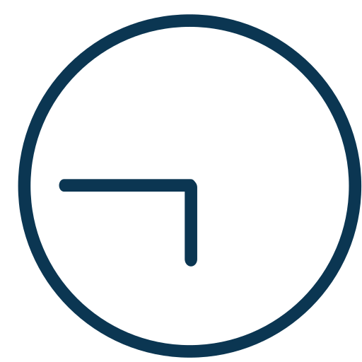 A simple clock icon with a dark blue outline showing the time as 9:30. The hour hand points at 9 and the minute hand points at 6. The background is light grey.