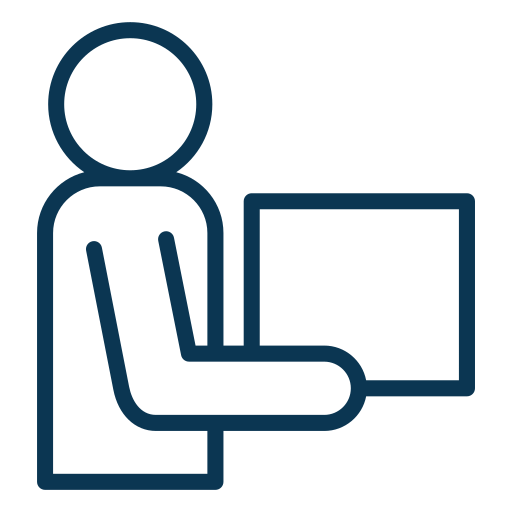 Simple line drawing of a person holding a box in front of them, depicted with minimal detail and bold lines.
