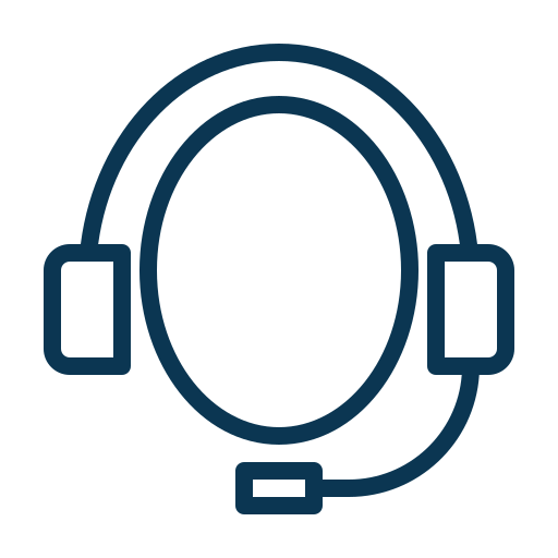 Simple dark blue line drawing of a headset with a microphone on a light grey background. The headset has two earpads and an adjustable band.