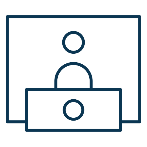 Simple line drawing of a person in front of a large screen, with a smaller rectangle containing a circle in the foreground, suggesting a video call or virtual meeting interface.