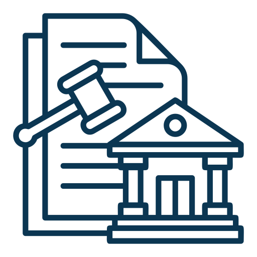 A line drawing of a gavel, courthouse building, and legal documents, representing law, justice, or legal proceedings.