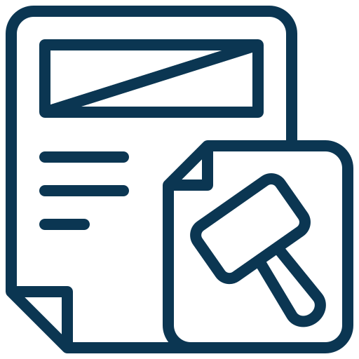 An icon of two overlapping documents, one with lines of text and the other featuring a gavel symbol, representing legal documents or court paperwork.