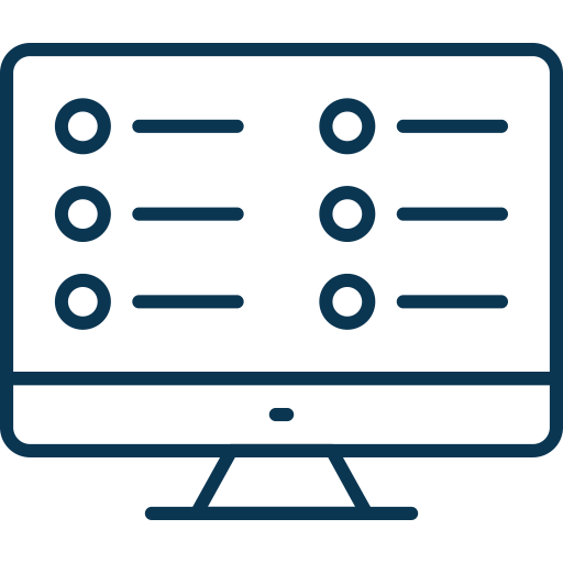 A simple line drawing of a computer monitor displaying a list or menu with six horizontal lines and six circular bullet points, three on each side of the screen.