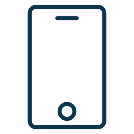 A simple, dark blue outline icon of a mobile phone with a circular home button and a small horizontal speaker at the top, displayed on a light grey background.