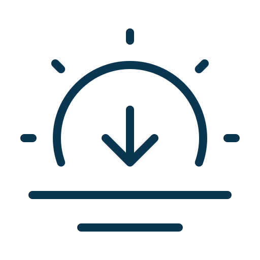 A simple icon of a sun setting behind a horizon, with a downward arrow in the centre, suggesting sunset or download.