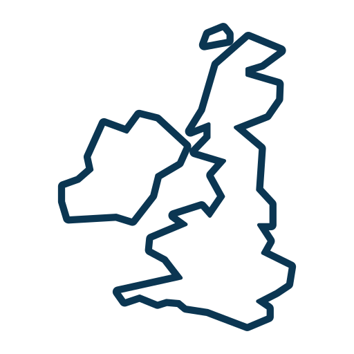 A simple, dark blue outline drawing of the map of the United Kingdom and Ireland on a light grey background.