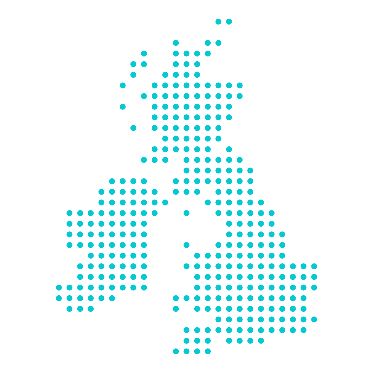 A stylised map of the United Kingdom and Ireland formed by evenly spaced turquoise dots on a light grey background.