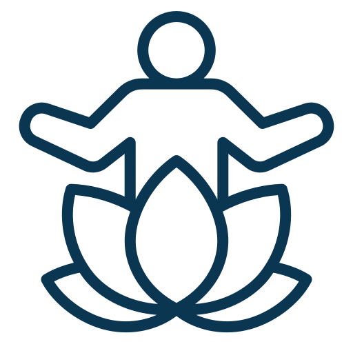 Simple line drawing of a person sitting cross-legged with arms open, emerging from a lotus flower, symbolising meditation, mindfulness, or yoga.